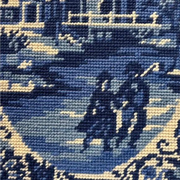 Vintage Blue Cross-Stitch Scenic Winter Art in Wooden Frame - Picture 4 of 16